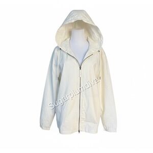 Zara‎ Hooded Cream Rain Coat Jacket LARGE Water Repellant Lightweight Outdoor